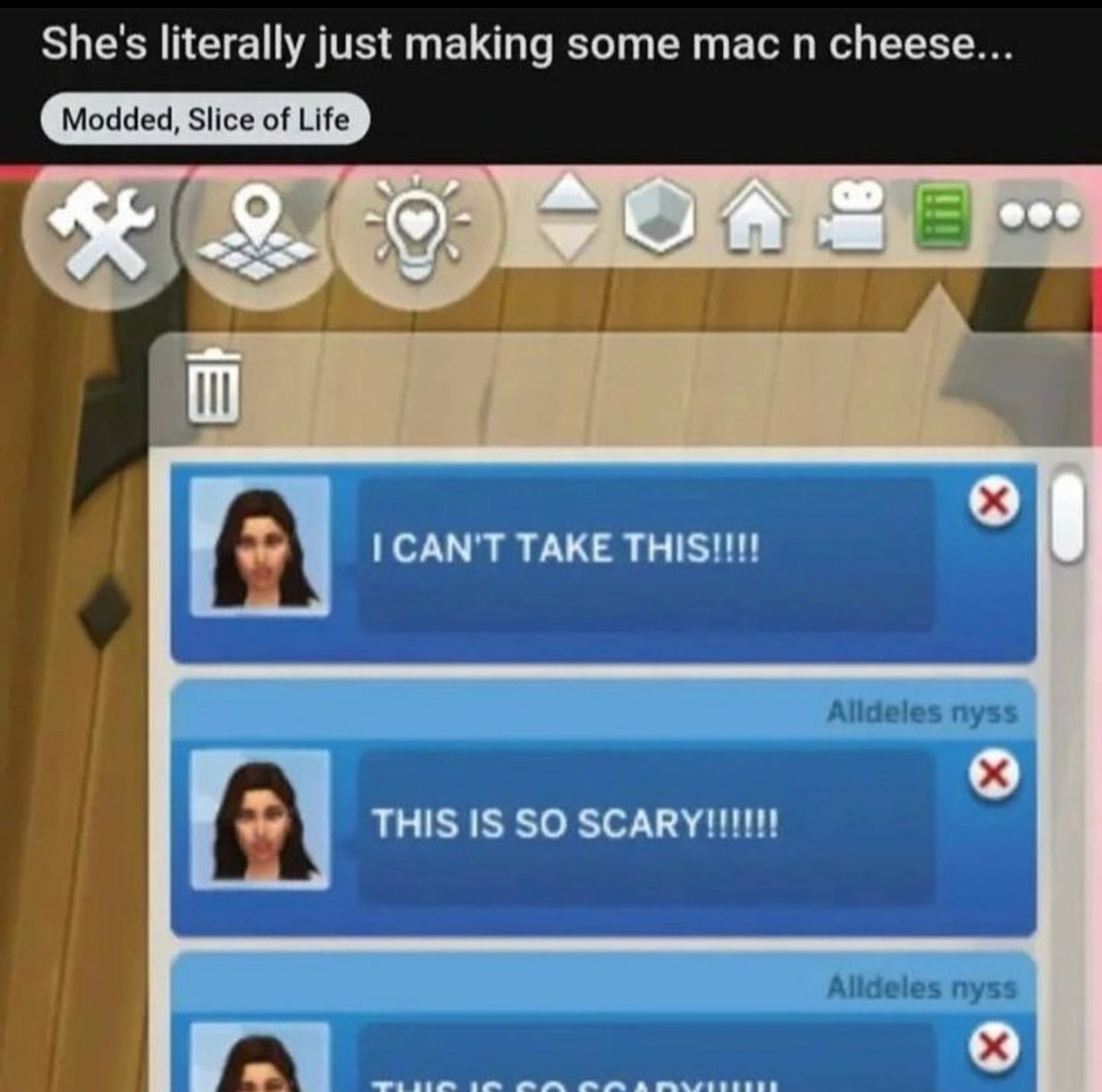 Reddit post with the title 'She's literally just making some mac n cheese...'. The image attached is a sim saying 'I CAN'T TAKE THIS!!!! THIS IS SO SCARY!!!!!!! THIS IS SO SCARY!!!!!!'.