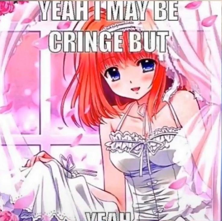 Compressed over-saturated art of an anime girl holding up the skirt of her wedding dress, with the top caption 'YEAH I MIGHT BE CRINGE BUT' and bottom caption 'YEAH'