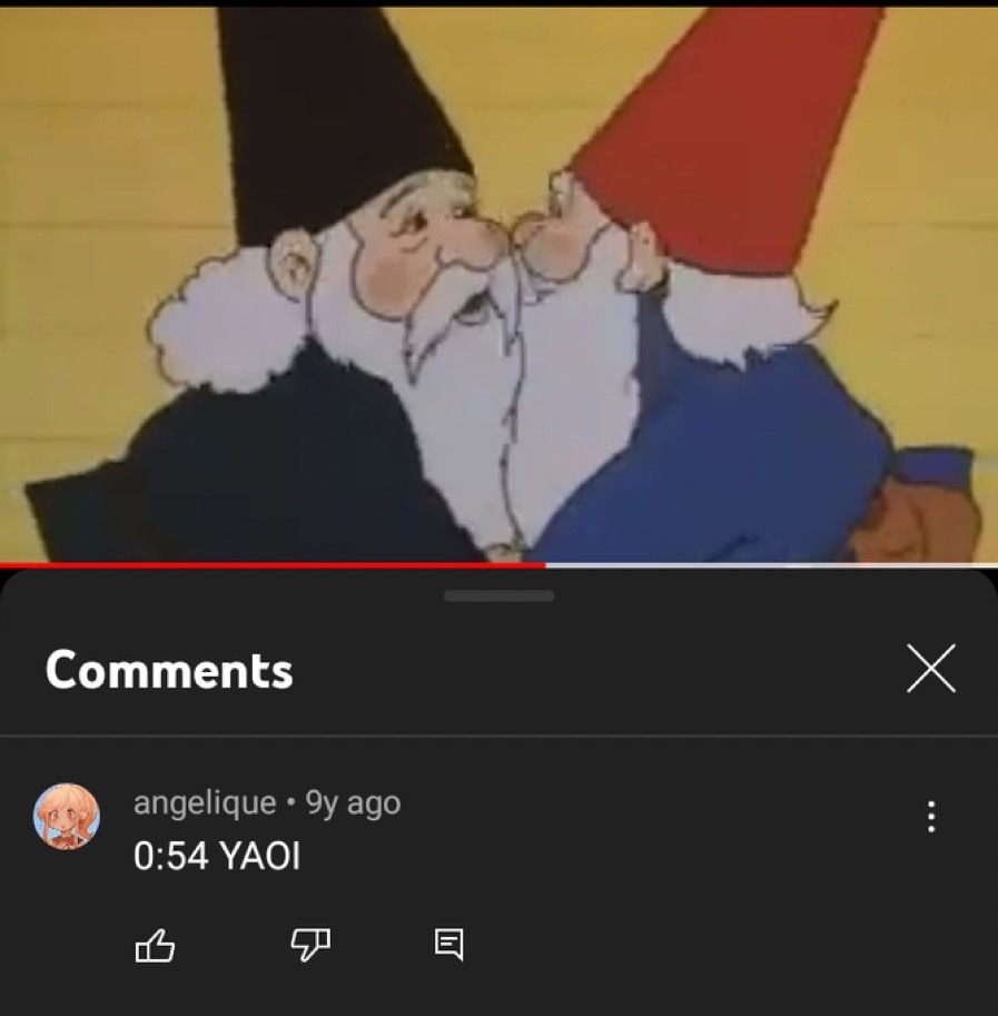 Screenshot of a Youtube video and comment. The video shows two gnomes, one facing towards the camera with his mouth open and one away, who's faces are very close side by side. The comment below from 9 years ago and with no likes reads '0:54 YAOI'.