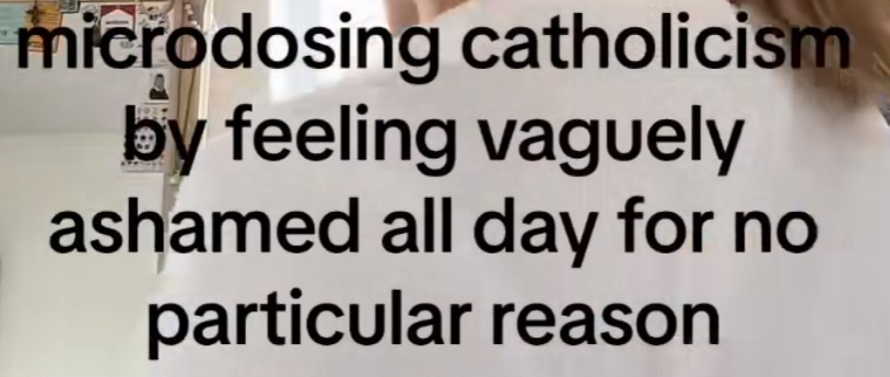 Text reading 'microdosing catholicism by feeling vaguely ashamed all day for no particular reason'