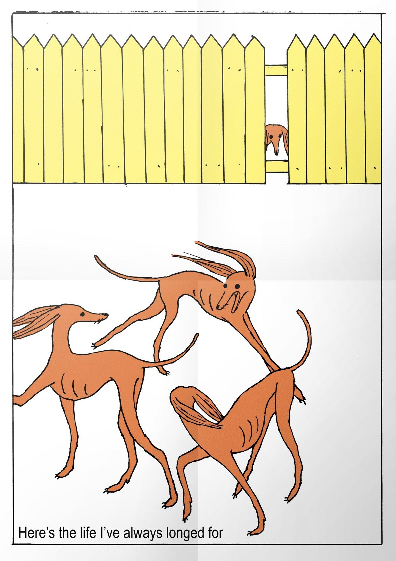 Simplisting drawing of a dog gazing on at 3 other dogs playing through a hole in a fence. In the corner is the text 'Here's the life I've always longed for'.