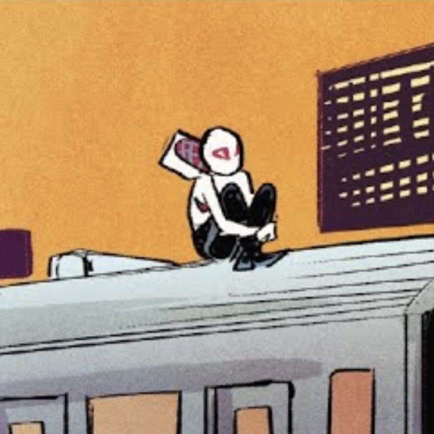 Comic panel of Ghost Spider with her arms around her knees to her chest, happy.