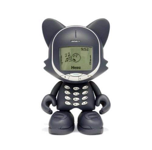 A standing up cat statue, that serves as phone. On it's face is the screen, showcasing a singing emoji.