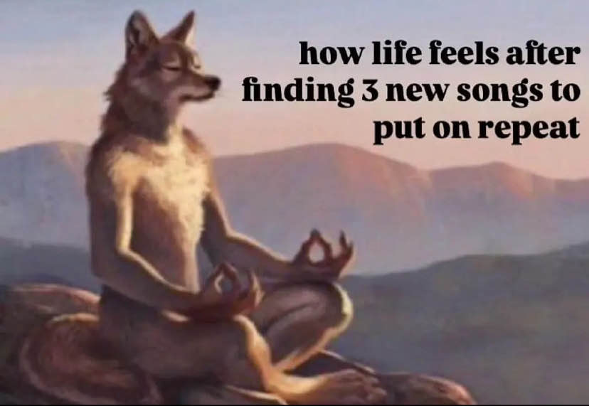 A naked werewolf meditating on a mountainside, with the text: 'how life feels after finding 3 new songs to put on repeat'