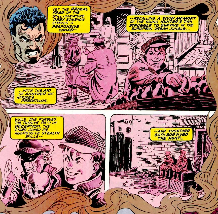 Panel one: Sergei as a child is reaching towards an apple in a stall on the streets. Behind him and facing away is the merchant trying to comfort Dmitri, who's crying with scrapes on his arm. The captions read 'Yet the primal fear of the still-immature prey somehow strikes a responsive chord-- --recalling a vivid memory of the yound hunter's own struggle to survive in the european urban jungle... ...with the aid of another of nature's predators. Panel two: Sergei, who's displaying the stolen apple, and Dmitri grin at each other with the caption: While one pursued the passive path of deception, the other honed his aggresive stealth skills--. Panel three: Sergei bites the apple sitting next to Dmitri on two crates. Caption reads: '--and together both survived the hunt...'