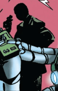 Chameleon cloaked by shadows with this hand on the his hip examining an object in his other hand