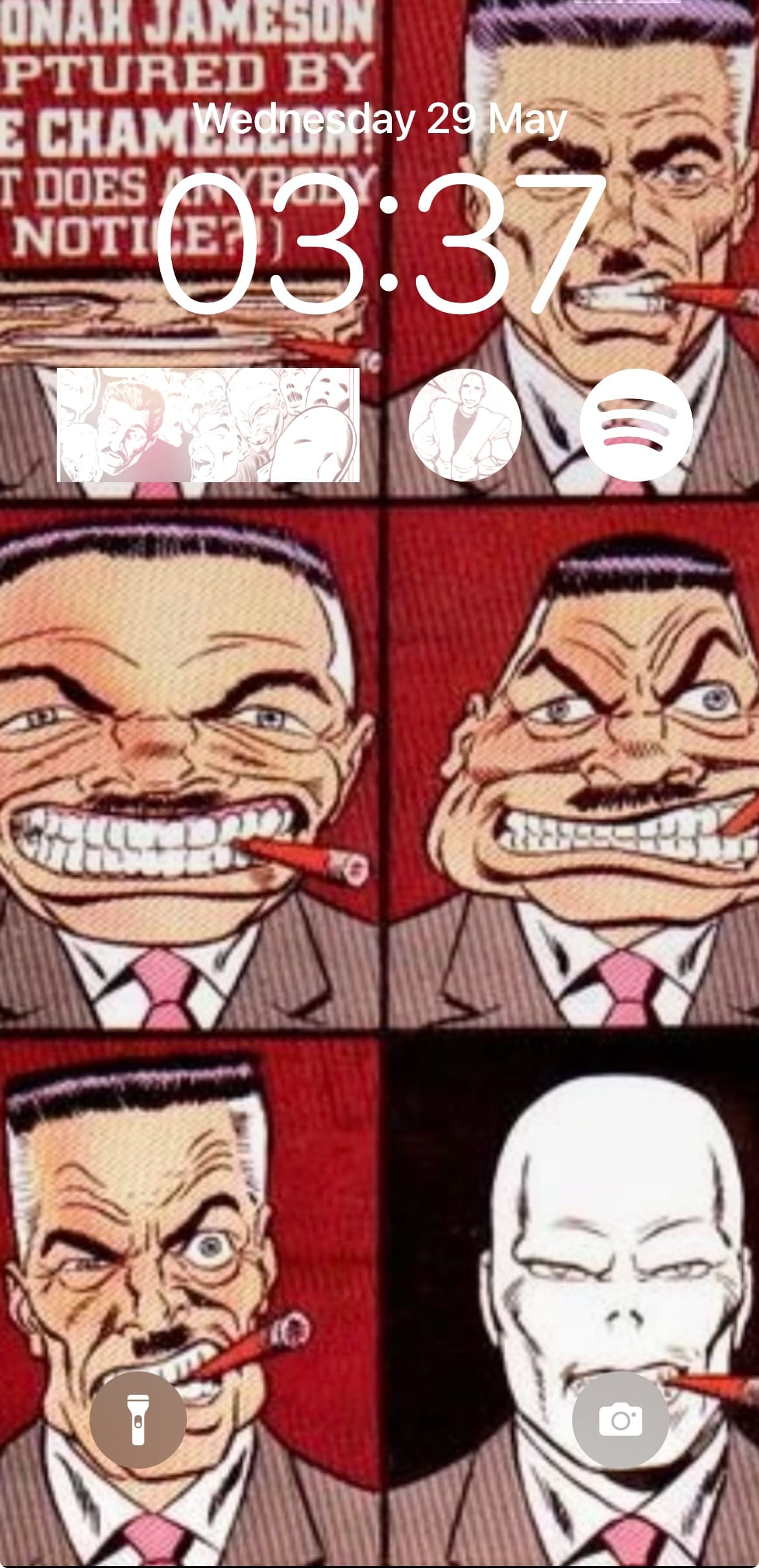 The wallpaper art is divided into 6 sections, the first 5 containing J Jonah Jameson with a cigar making funny expressions or his head being stretched on a red background. The last panel has Chameleon with a cigar on a black background.
