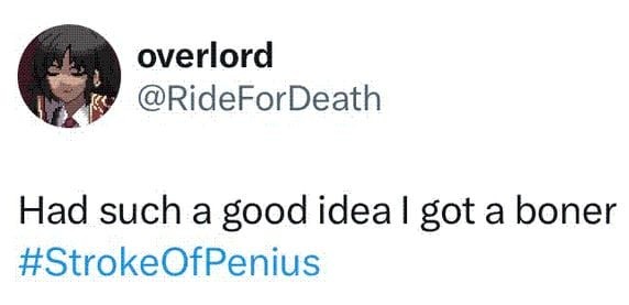 tweet saying 'had such a good idea I got a boner #StrokeOfPenius' by @RideForDeath